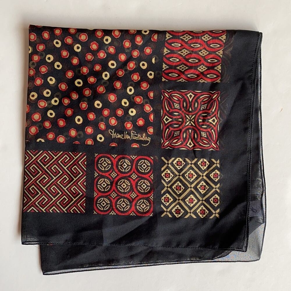 Diane Von Furstenberg Red~Gold~Black Square Scarf Immaculate